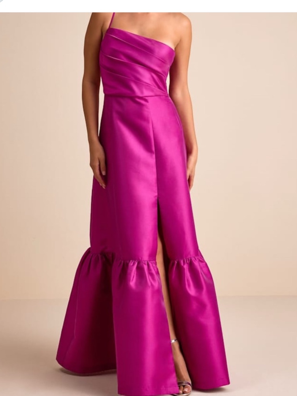 Lulus Letha Magenta Taffeta One-Shoulder Maxi Dress
